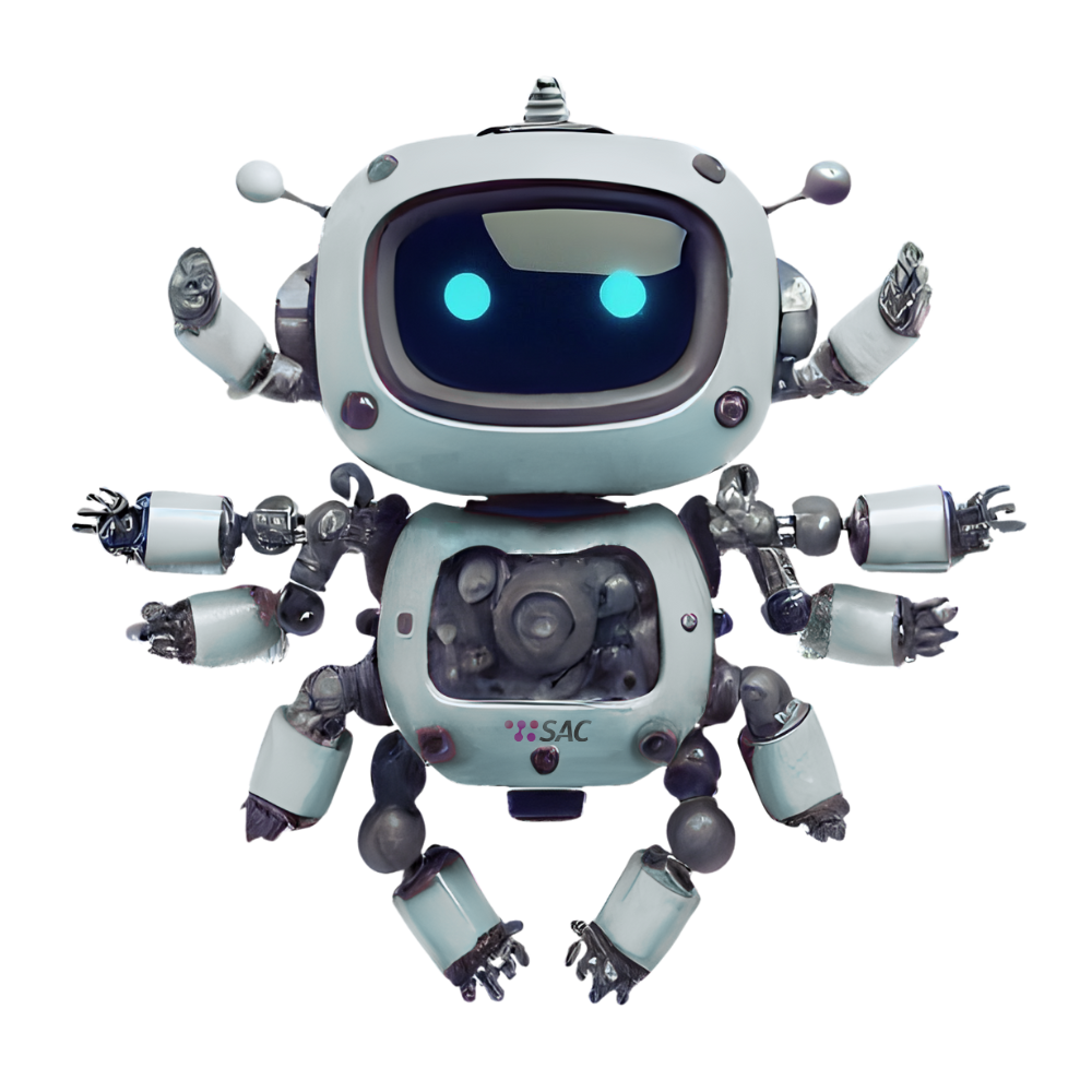 Abbildung eines Roboters mit 10 Armen und dem SAC Logo in der Mitte des Torsos. Als Kopf hat er einen Bildschirm mit zwei blauen Punkten als Augen. Dieser steht für den SAC AutoMate um tägliche IT-Aufgaben zu atomatisieren