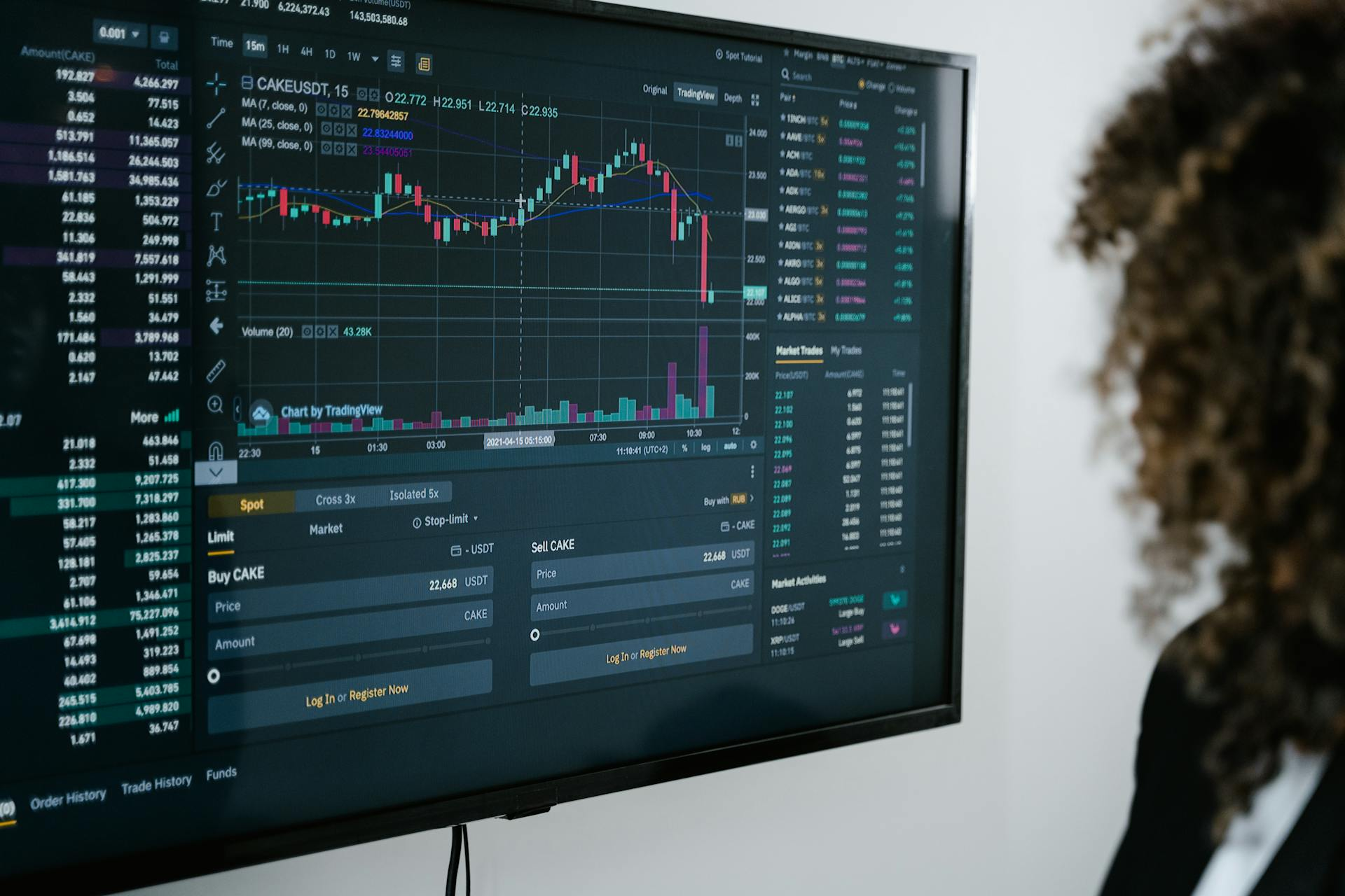 Eine Frau schaut auf einen großen Bildschirm mit Finanzmärkten. Im Zusammenhang mit Digital Signage Service der SAC