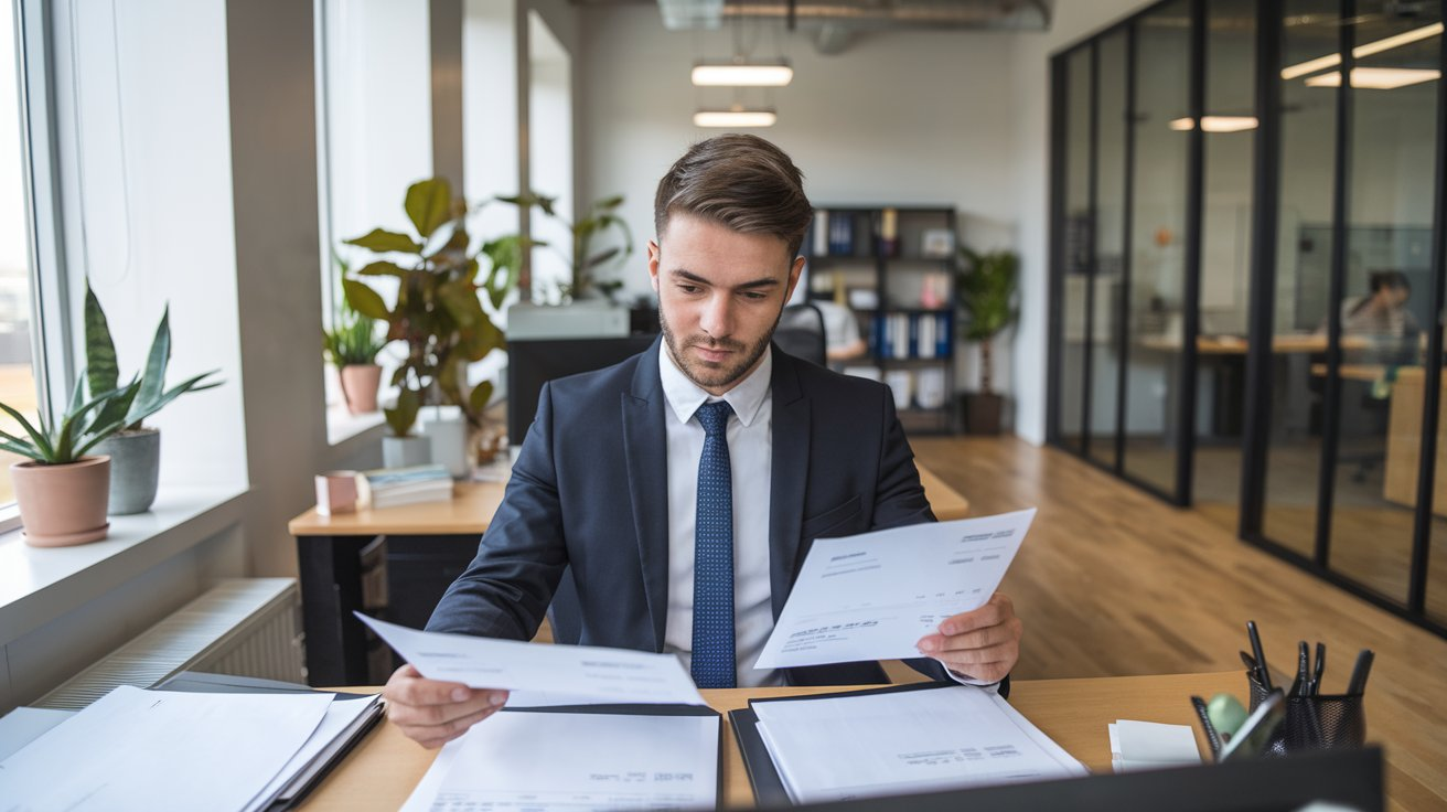 sac_beitragsbild_erechnung Auf dem KI-generierten Foto ist ein Mann im Büro zu sehen, der an seinem Arbeitsplatz Rechnungen anschaut um die als E-Rechnung zu digitalisieren.