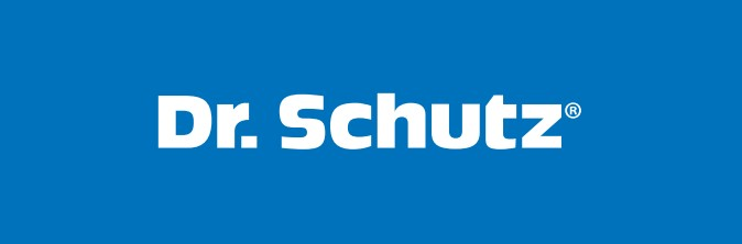 Auf dem Logo von Dr. Schutz ist Dr. Schutz in weiß auf blauen Hintergrund geschrieben.