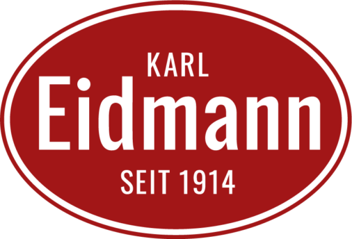 Auf dem Logo von Eidmann ist Karl Eidmann in weißen Buchstaben auf einem dunkelroten Hintergrund geschrieben.